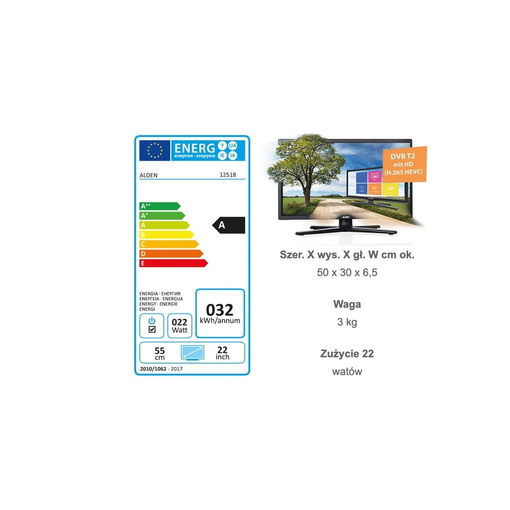 Telewizor TV LED DVB-T2 22" DVD Alden Przyczepa Kamper