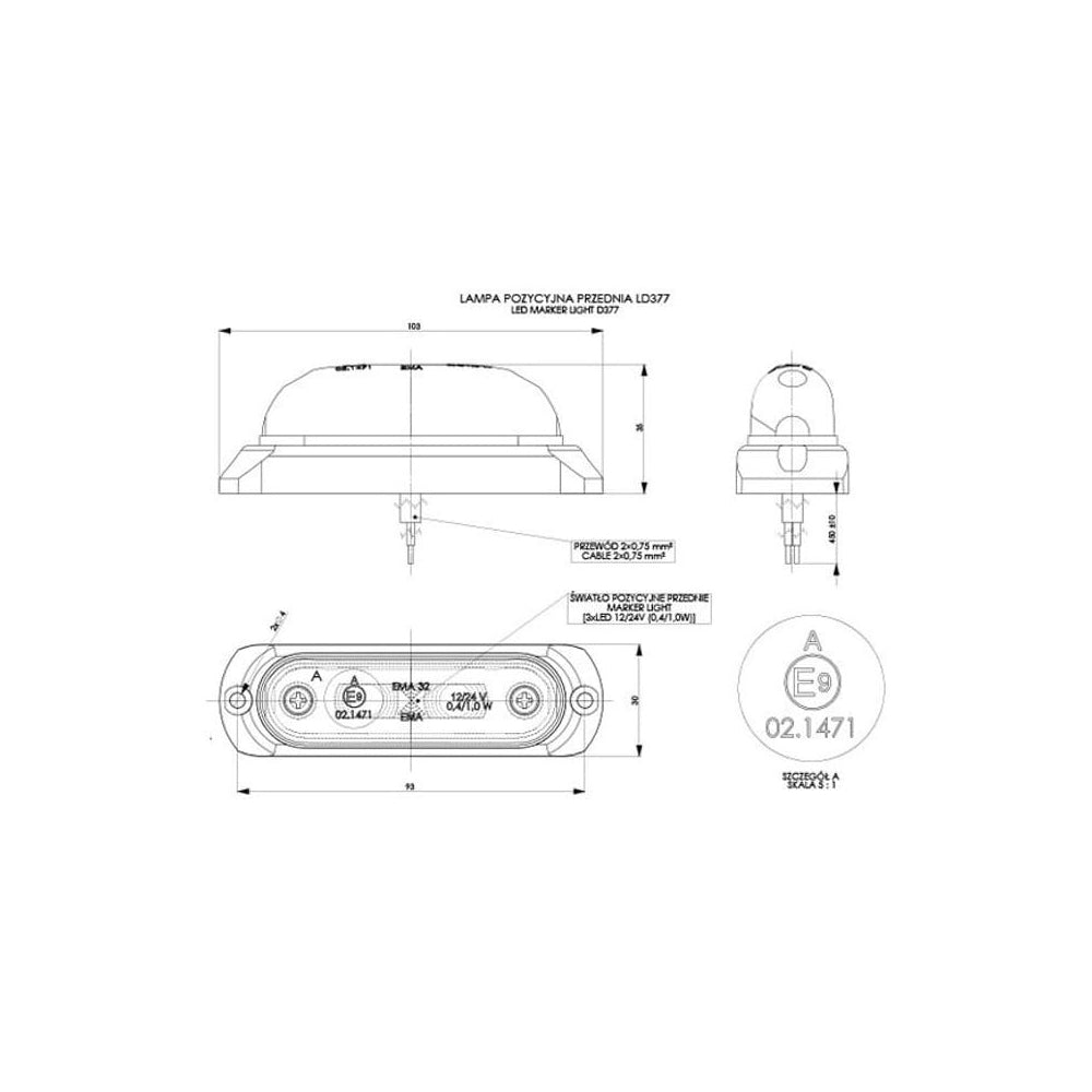 Lampa obrysowa LED owalna z podkładką 12/24V